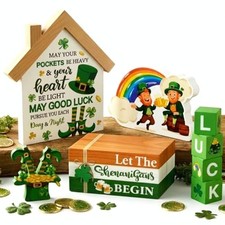 10 Pcs St. Patrick's Day Table Sign Wooden Shamrock Lucky House Irish Lucky Blo
