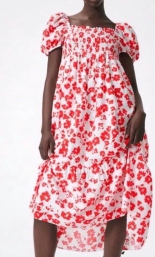 ZARA ECRU TRINNY SMOCKED RED WHITE MIDI SHIRRED  FLORAL PRINT POPLIN DRESS L