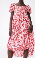 ZARA ECRU TRINNY SMOCKED RED WHITE MIDI SHIRRED  FLORAL PRINT POPLIN DRESS L