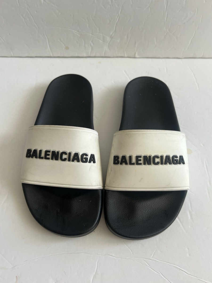 Balenciaga Women White Logo Pool Slides Made In Italy SZ 7 | eBay