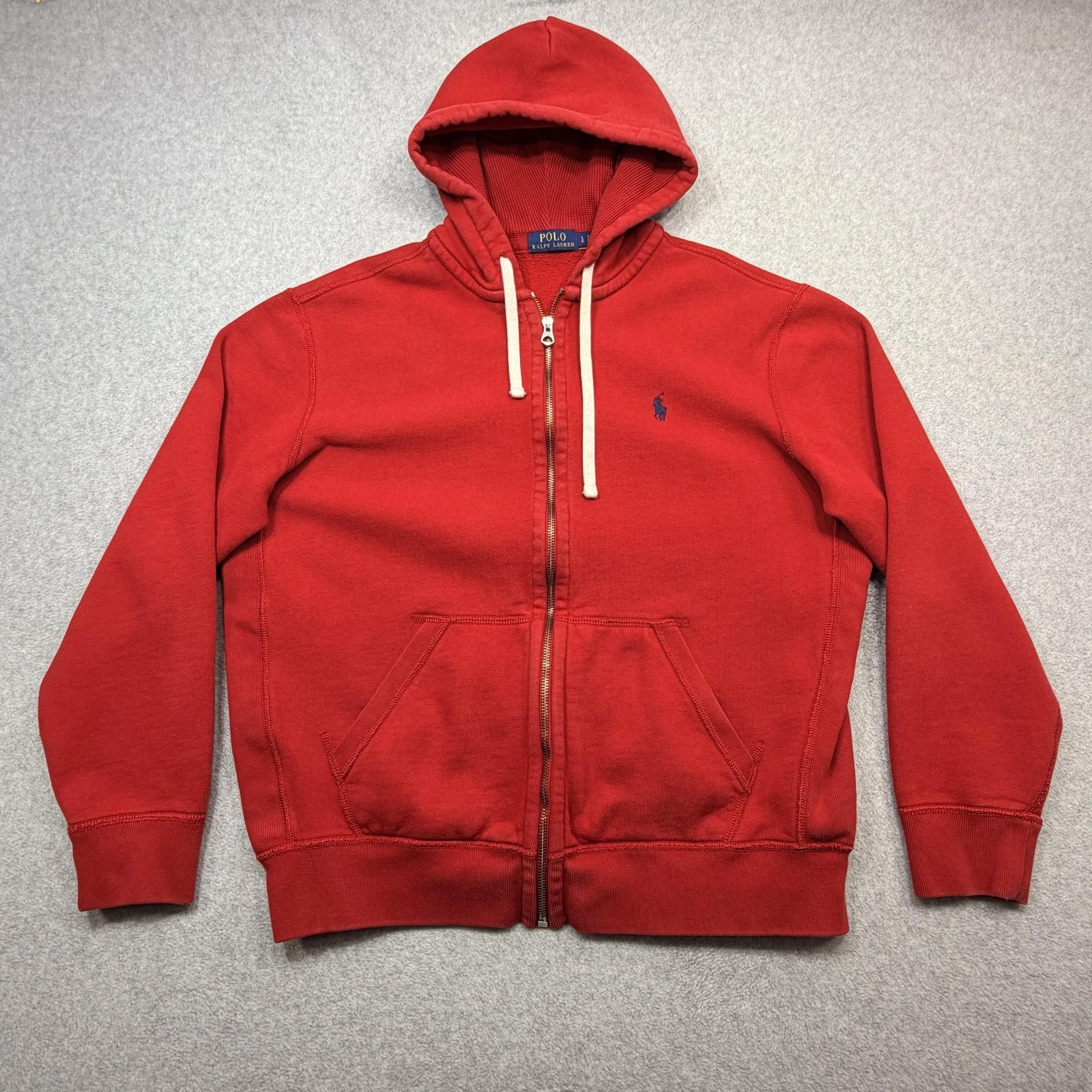 Polo Ralph Lauren Hoodie Mens Large Red Full Zip Fleece Thermal Hood Pocket Logo