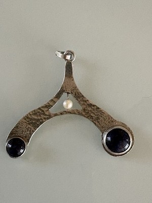 Sterling Silver Lapis Lazuli And Pearl Pendant Modernist Geometric Artisan Made