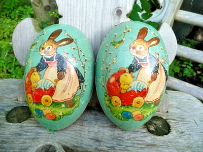 Candy BOX Hasenmutti mit Kücken in Eierschalen Kinderwagen CUTE um 1920