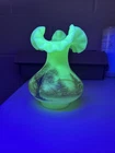 *SIGNED*Hand Painted Fenton Custard Glass Uranium Vase Cabin/Trees Theme GLOWS