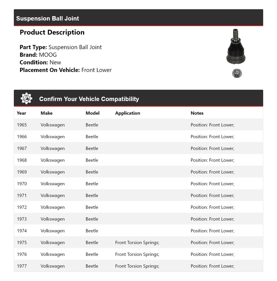 Rótula de suspensión delantera inferior MOOG 1965-1977 Volkswagen Beetle 1965 1966 Foto 2 de 4