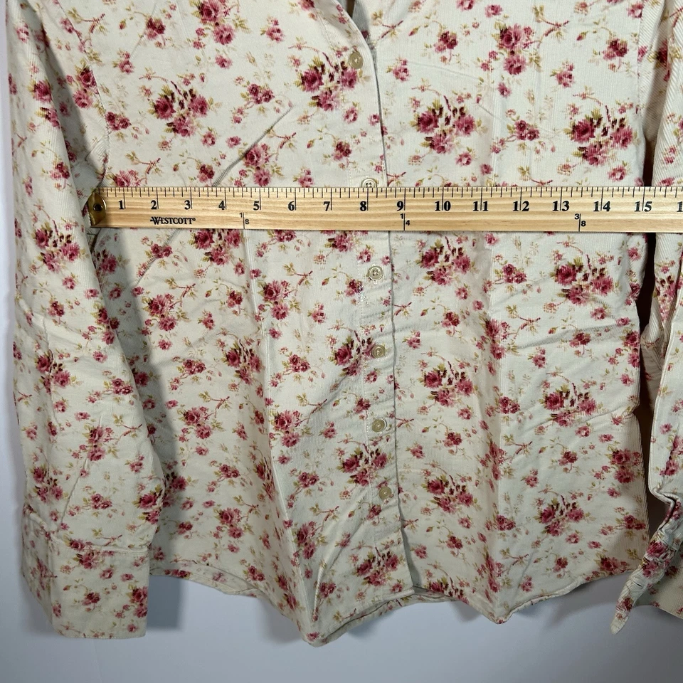 Camisa vintage Eddie Bauer abotonada para mujer pxs beige floral pana cuello Foto 3 de 4