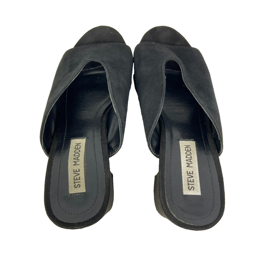 Steve Madden Women Chance Slide Sandals 8.5M Black Suede Chunk Heel Slip-on Shoe - Picture 9 of 11