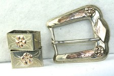 VINTAGE MEXICAN STERLING SILVER 10K ROSE GOLD RANGER 3 PIECE BELT BUCKLE SET