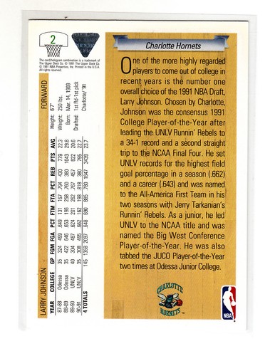 LARRY JOHNSON RC 1991-92 Upper Deck #2 Error Variation w/ 1991 Hologram Rookie - 第 2/2 張圖片