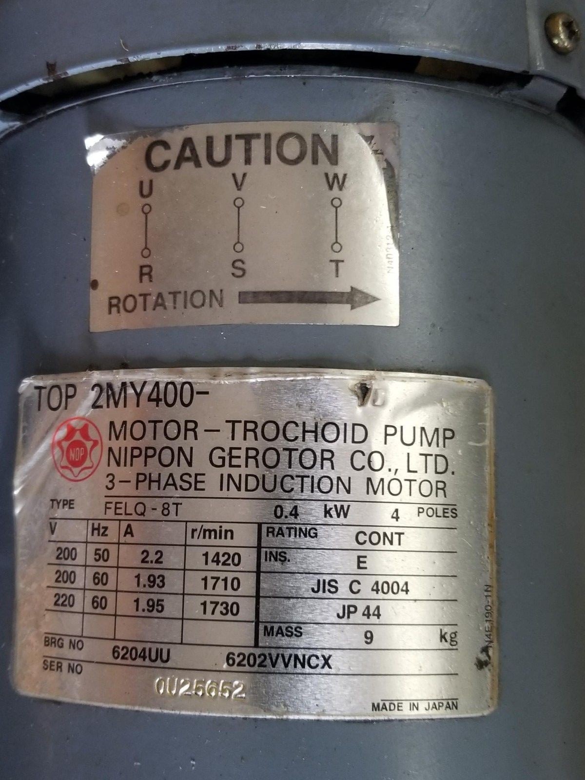 Pompe à Huile Nippon 2P400C-216EVS Avec Moteur FELQ-8T - Occasion - état Sale Mais Fonctionnel