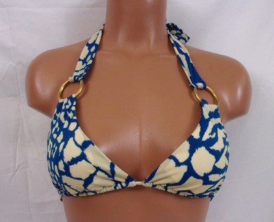 Sauvage Luxe Giraffe Gold Ring Halter String Bikini Top Blue Medium 995L