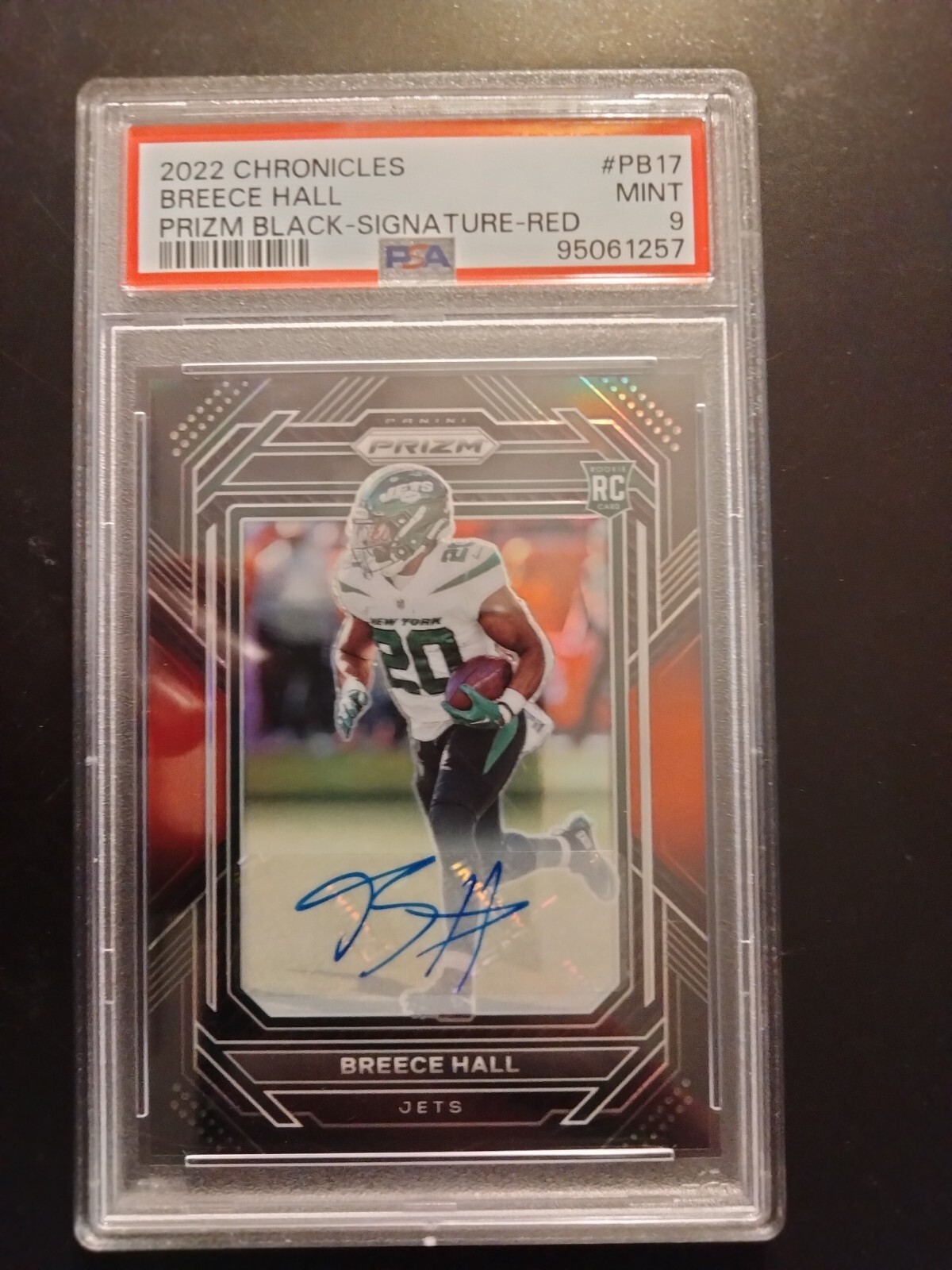 2022 Chronicles Breece Hall Prizm Black Signatures Red RC Auto /99 PSA 9