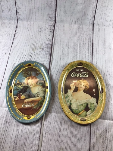 Lot Of (2) 1973 Coca Cola Small Vintage Oval Mini Tin Tip Trays 6in x 4.5in