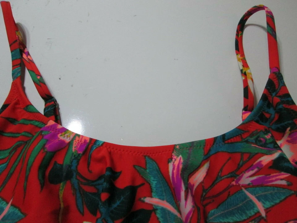 Old Navy Women Size L Bikini Top Orange Adjustable Straps Floral Ruffle Swimwear - Image 3 of 4