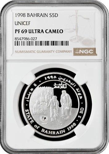 Bahrain 5 Dinar 1998, NGC PF69 UC, "50th Anniversary of UNICEF" Silver Coin