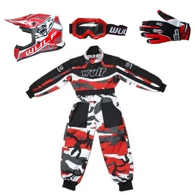 Wulfsport AIR-X Kids Motocross Helmet Racing Suit Stratos Gloves Goggles Red Set