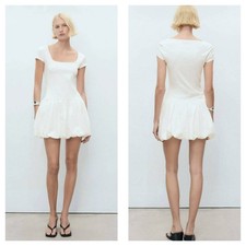 Mango White Bubble Hem Mini Dress Size Small Square Neck Stretch 