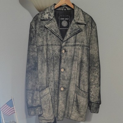 ONA SAEZ Gray Speckled Leather Coat Button Notch Collar Mid-Length Men's M