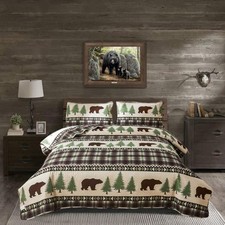 Quilt Set Queen Size Rustic Lodge Full/Queen Quilt 90" 90" , Brown Plaid Bear
