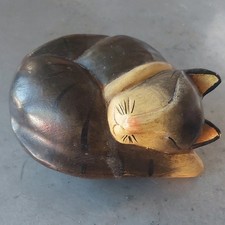 VTG cat Handcrafted Wooden Sleeping Cat Figurine wooden primitive