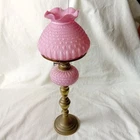 ANTIQUE c1890 PINK OPALINE SATIN GLASS PEG OIL LAMP FONT & SHADE on BRASS COLUMN
