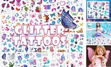 Glitter Temporary Tattoo for Girls, 24 Sheets Butterfly Mermaid Fairy Flowers