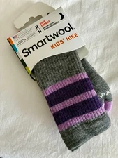 NEW! Smartwool Kids' Hike Striped Crew Socks (gray and purple) - size medium