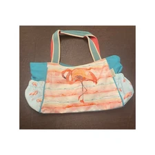 Sun N' Sand Flamingo Large Zip Top Canvas Shoulder Bag Elastic Side Pockets