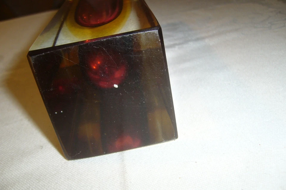 Murano Blockvase Rechteckig, Rot & Gelb, H: 21,5cm, 5,4 x 5,4cm - Bild 4 von 4