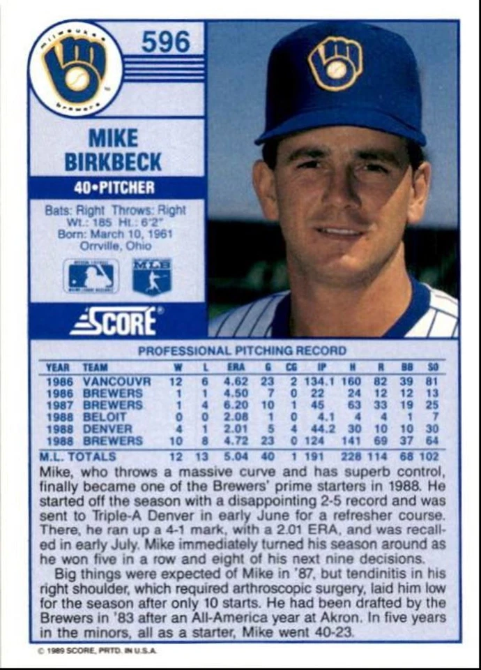 1989 Score Baseball Card Mike Birkbeck Milwaukee Brewers #596 - Image 2 of 2