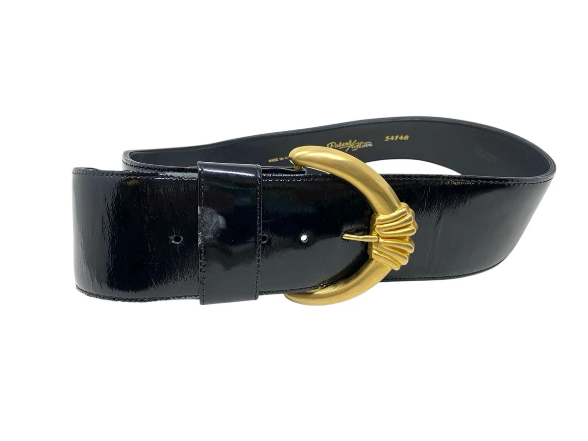 Lejon Womens Black Patent Leather Wide Belt‎ Large Gold Tone Buckle 80\'s Vibe M Women main image 4