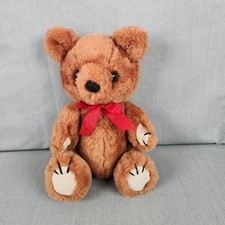 Vintage 1981 Dakin Teddy Bear Red Bow 11" KOREA Light Brown Jointed Stuffed Toy