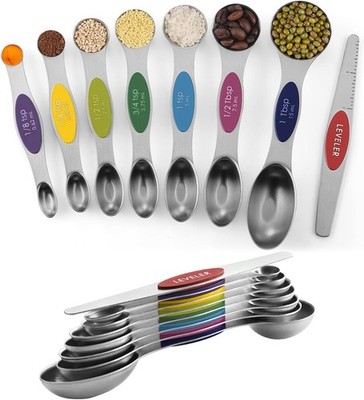 8PCS Stainless Steel Magnetic Measuring Spoons Set Dual Sided Stackable w/ Level