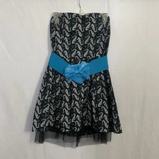 Sourpuss Seahorse Skeleton print Strapless Cocktail Rockabilly Belt Blue Dress M