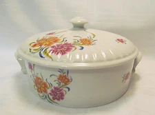 Vintage Made in France Double Handled Covered Casserole Pink Orange Floral  