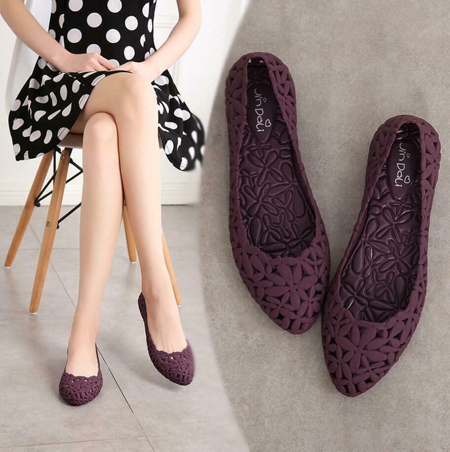 Ladies Flat Hollow Out Ballerina Sandals Summer Jelly Beach Pumps Shoes Slippers