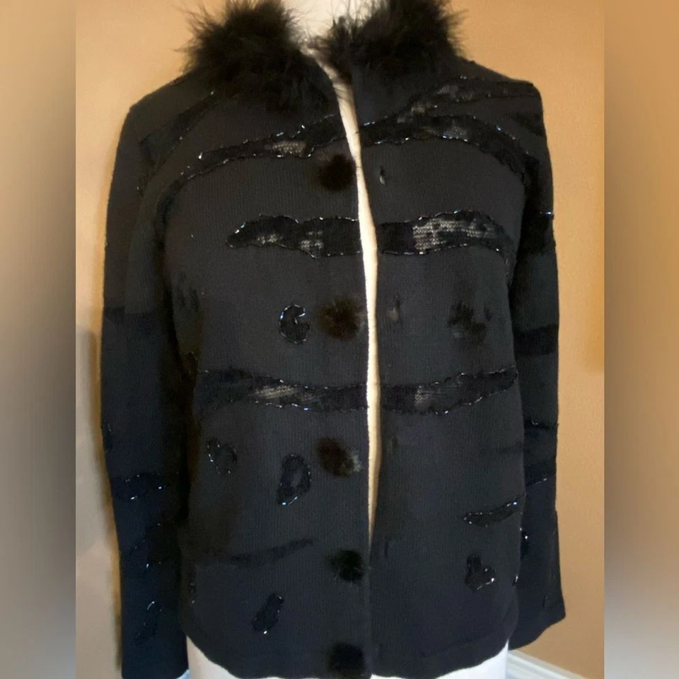 Berek Vintange Sequin Lace Mesh Inset Fur Collar Sweater M - Image 2 of 4