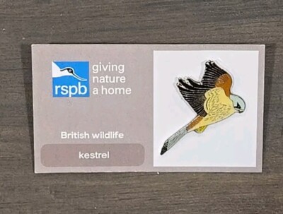 RSPB Kestrel enamel BIRD charity pin British Wildlife GNAH Card.