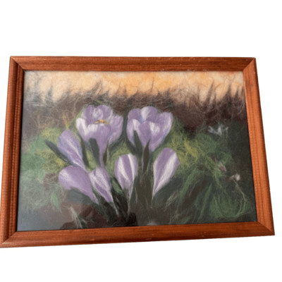 Handmade wool felted art picture crocuses wooden frame 9x12