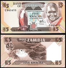 Zambia 5 kwacha 1980-1988 Fish Eagle Bird President Kaunda P25c Prefix 30/C UNC