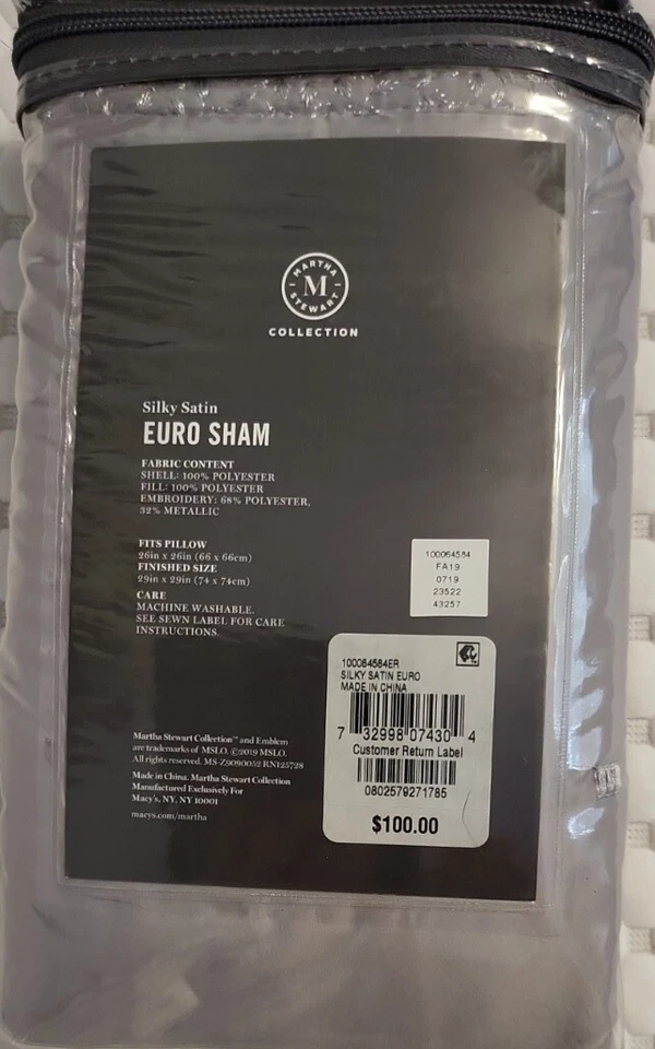 Almohada Martha Stewart EURO Sham 26 x 26 acolchada gris satinado borde bordado Foto 4 de 4