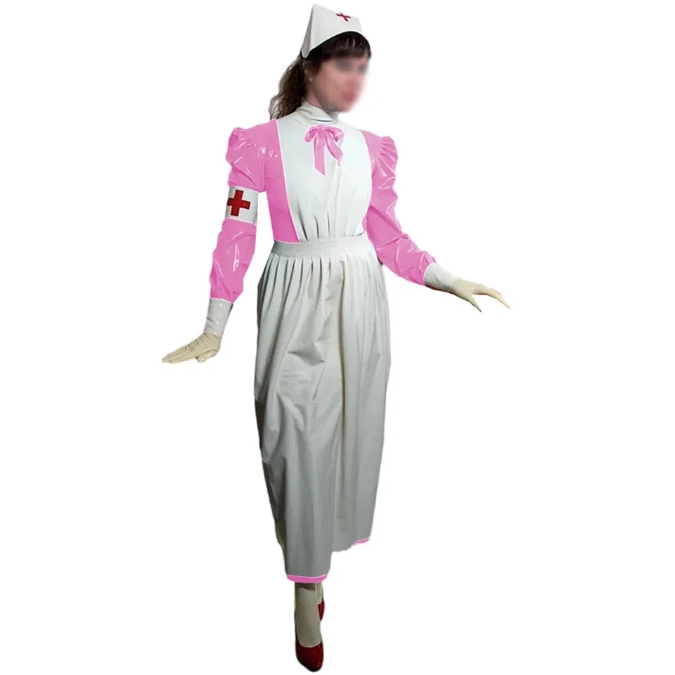 Sissy Long Nurse Dress Outfits Latex Look Nurse Uniforms Puff Long Sleeved - Image 3 of 4