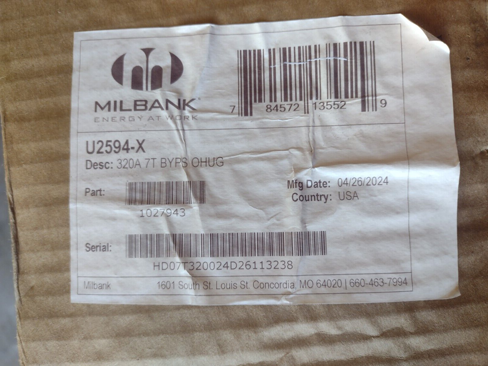 MILBANK U2594X RINGLESS METER SOCKET WITH BYPASS 320 AMP 3PHASE NEW