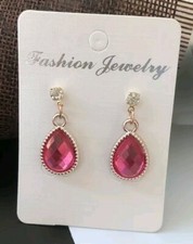 GOLD DROP PEAR SHAPED EARRINGS IN DEEP PINK **UK SELLER** WEDDING BRIDE PRESENT