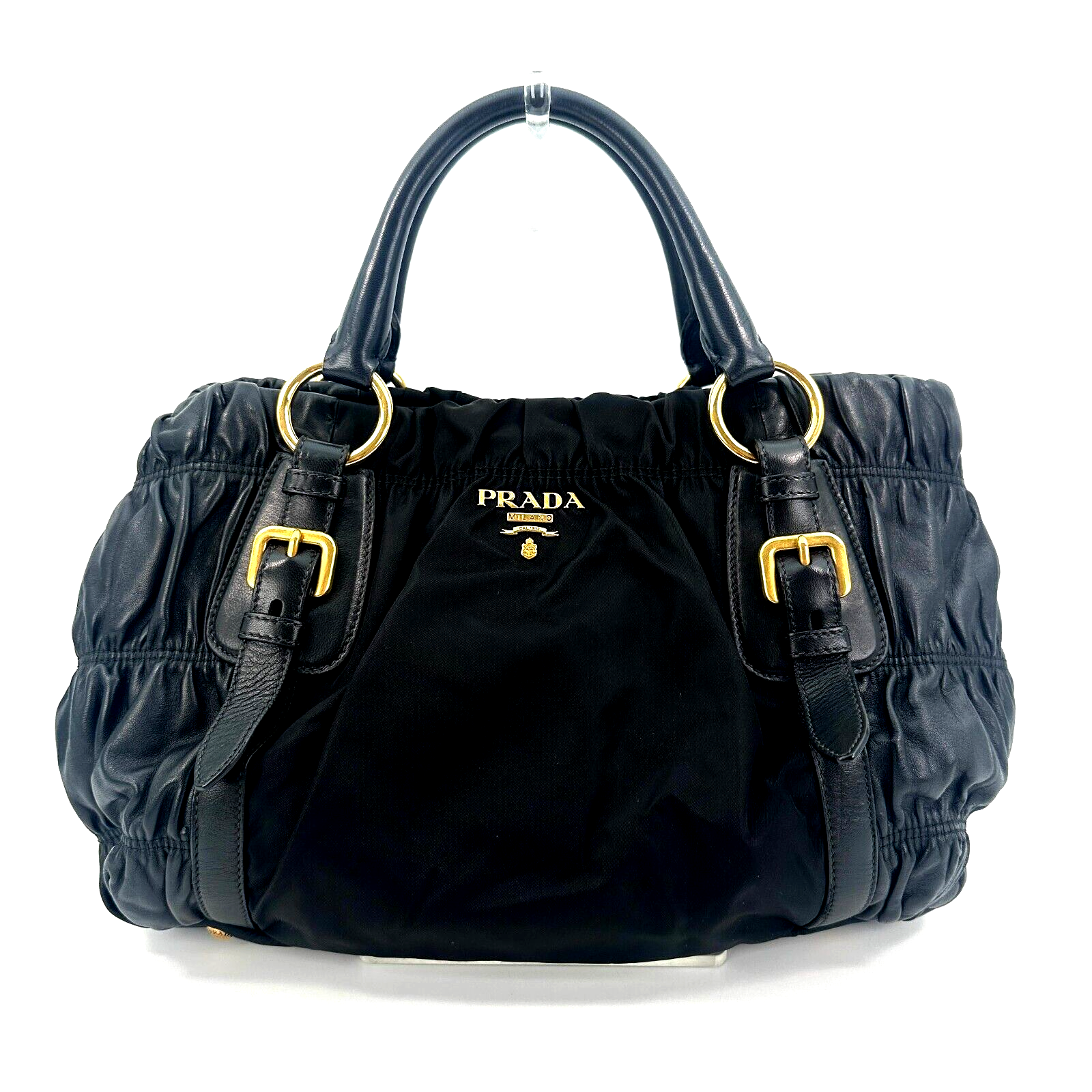PRADA Hand Bag Leather Nylon Black  Auth