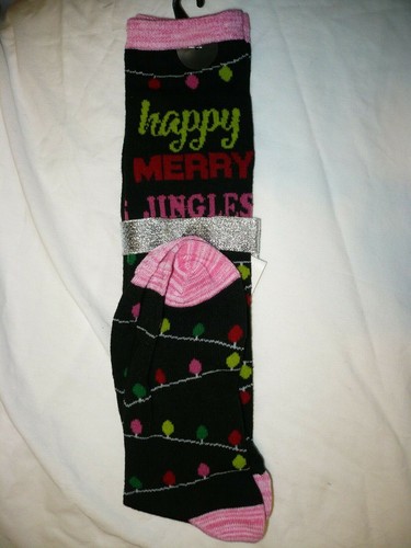 Holiday Time Women's Knee High Socks Happy Merry Jingles Shoe Size 4-10 Black - Picture 2 of 2