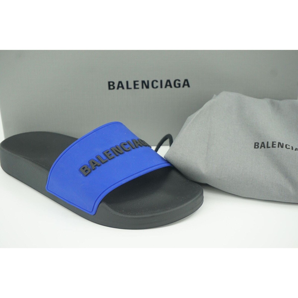 【BALENCIAGAプールロゴラバースライド New Balenciaga Pool Flat Slide Sandal SZ 36 C Blue $445 Logo