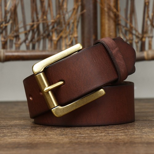 Men Retro Leather Belt with Solid Brass Buckle Waistband Casual Jeans Pants Belt - Picture 8 of 16