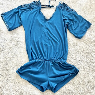 L Space Small Blue Romper Lace Shoulder V Neck Short Sleeve
