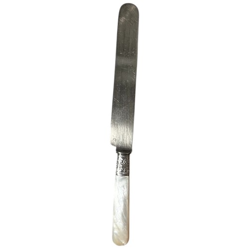 Antique Victorian Mother of Pearl Handle Sterling Band Blunt Dinner Knife 8-7/8" - Picture 5 of 5